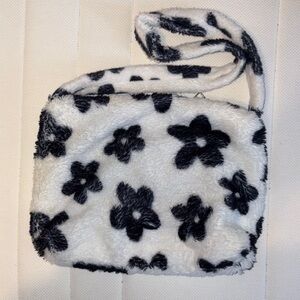 Floral Fuzzy Y2K Shoulder Bag - Black and White